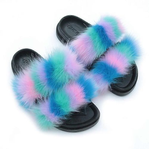 Evago Pantoufles Moelleuses En Fausse Fourrure Pour Femmes Bout Ouvert Confortables Deux Bandes Claquettes Avec Semelle En Pvc-40-Adulte-Taille 44-45-Femme