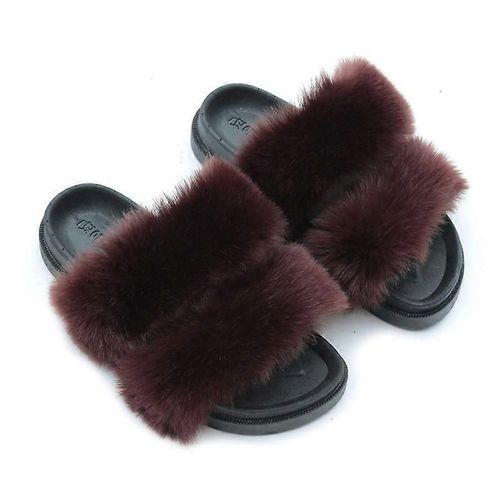 Evago Pantoufles Moelleuses En Fausse Fourrure Pour Femmes Bout Ouvert Confortables Deux Bandes Claquettes Avec Semelle En Pvc-31-Adulte-Taille 40-41-Femme