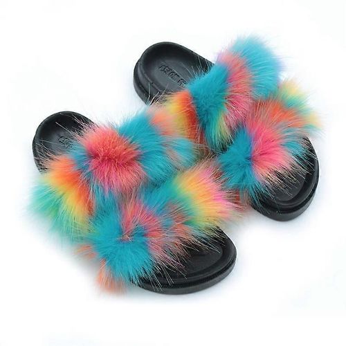 Evago Pantoufles Moelleuses En Fausse Fourrure Pour Femmes Bout Ouvert Confortables Deux Bandes Claquettes Avec Semelle En Pvc-39-Adulte-Taille 44-45-Femme