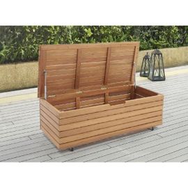 Coffre De Jardin 190l En Bois Exotique D'eucalyptus Fsc - 190 L - 48.5 X 109.5 X 37 Cm - Avec Roulettes - Effet Teck