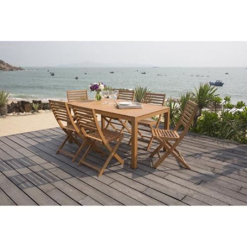 Ensemble Repas De Jardin 6 Personnes - Table 160 X 90 Cm + 6 Chaises Pliantes - Bois Eucalyptus Fsc