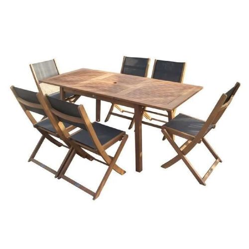 Ensemble Repas De Jardin 6 Personnes - Table Extensible 120-180 X 80 Cm + 6 Chaises Assises Textilene - Bois Eucalyptus Fsc