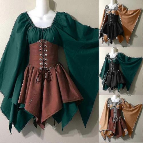 Costume De Cosplay Médiéval Pour Femmes, Gothique, Vintage, Manches Longues, Corset, Robe D'halloween-Brun Kaki-Adulte-S-Mâle