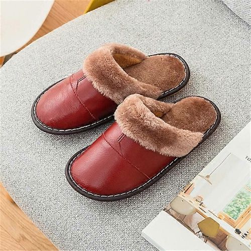 Pantoufles En Cuir Véritable Pour Femmes Pantoufles En Mousse À Mémoire De Forme Moelleuses Chaussures De Maison D'hiver Moelleuses À L'intérieur Et À L'extérieur-Rouge Profond-Adulte-Taille 25 Femme-Unisexe