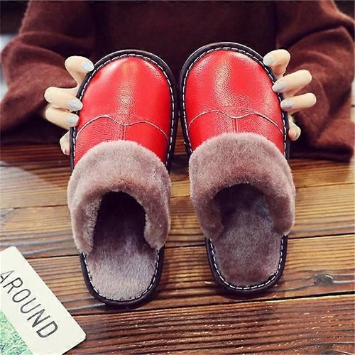 Pantoufles En Cuir Véritable Pour Femmes Pantoufles En Mousse À Mémoire De Forme Moelleuses Chaussures De Maison D'hiver Moelleuses À L'intérieur Et À L'extérieur-Rouge-Adulte-Taille 27 Femmes-Unisexe