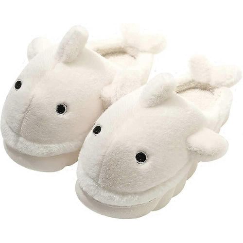 Peluche Douce Baleine Requin Fuzzy Pantoufles 1.6'' Semelles Rehaussantes Pour Femmes Hommes, Hiver Fausse Fourrure Mignon Animal Couple Assorti Home Pantoufles-Blanc-Adulte-Eur36-37-Femelle