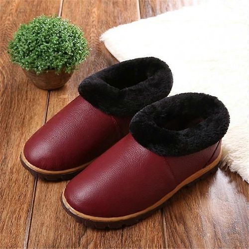 Pantoufles En Cuir De Mouton Véritable Pour Femmes Bottes De Neige Plate-Forme Botte D'hiver, Fausse Fourrure Doublée Slip On Bottines-Rouge-Adulte-Taille 25 Femme-Unisexe