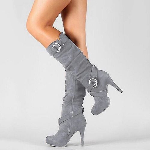 Femmes Talon Haut Milieu Molle Boucle Sangle Zip Slouchy Boots Chaussures-Gris-Adulte-40-Femme