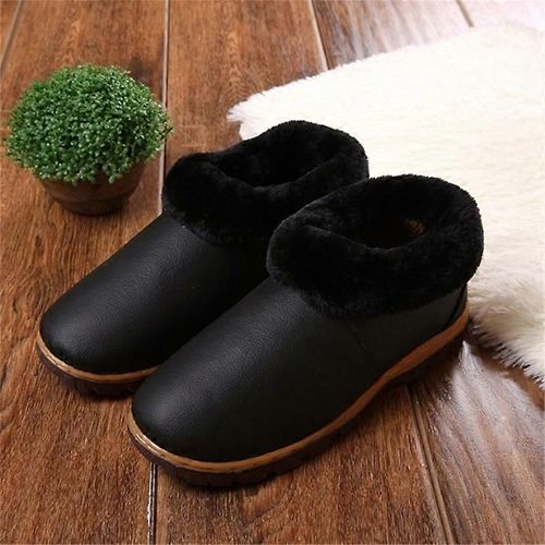 Pantoufles En Cuir De Mouton Véritable Pour Femmes Bottes De Neige Plate-Forme Botte D'hiver, Fausse Fourrure Doublée Slip On Bottines-Noir-Adulte-Taille 28 Homme-Unisexe