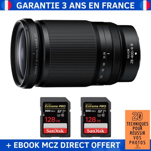 Nikon Z 28-400mm f/4-8 VR + 2 SanDisk 128GB Extreme PRO UHS-II SDXC 300 MB/s + Ebook '20 Techniques pour Réussir vos Photos' - Objectif Nikon Z