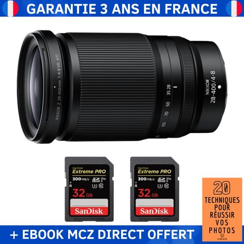 Nikon Z 28-400mm f/4-8 VR + 2 SanDisk 32GB Extreme PRO UHS-II SDXC 300 MB/s + Ebook '20 Techniques pour Réussir vos Photos' - Objectif Nikon Z
