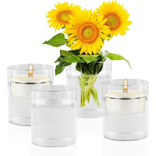 KALANKA-Lot de 4 Vase Cylindrique en Verre, Vase à Fleurs, Hurricane Candle Holder 8.5x10cm, Porte-Bougie Haute, Bougeoirs Ouragan Transparent, Bougeoir Flottant pour DéCoration de Table de Mariage (