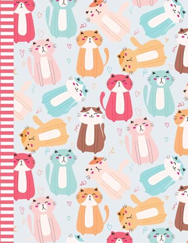 Cat Notebook: Large 8.5x11 Composition Journal / 100 Sheets (200 Pages) / College Ruled Diary - Blank Numbered Pages / Pastel Colorful Kitty Art ... Taking Gift For Home-School - Work - Writing
