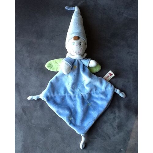 Doudou Nicotoy Poupee Garcon Lutin Plat Ange Bleu Aile Vert Feuille