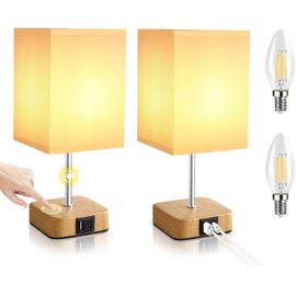 Lampe De Chevet Chambre Tactile Avec 3 Niveaux De Luminosité, Lampes De Table Led Avec Fonction De Recharge Ports Usb Et Type C, Lampes Lot 2 Avec Grain De Bois¿Ampoules E14 Blanc Chaud¿[L1725]