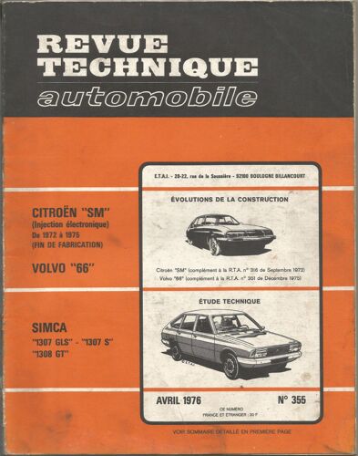 Revue Technique Automobile N°355 Citroen Sm Volvo 66 Simca 1307 1308 355 