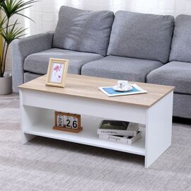 Table basse avec plateau relevable blanche et bois HEDDA