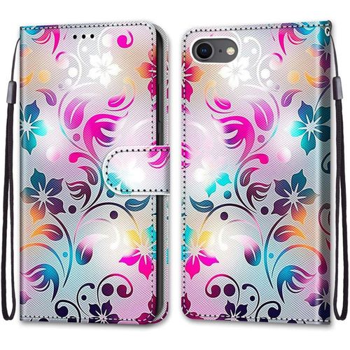 Coque Pour Iphone Se 2020/Iphone 8/7 (4,7 Pouces), Etui En Cuir Pu Portefeuille Housse Coque Avec 360 Degres Silicone Protection Cover Cuir Pochette Magnetique Flip Bequille (Fleur 1)