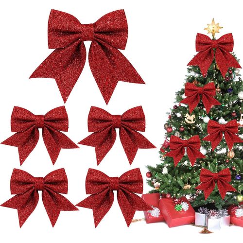 5PCS Noeud de Ruban de Noël 24cm Grande Taille Arcs de Noël Ruban Noeuds Papillons Ornements Decoration de Noël pour Arbres de Noël Emballages Cadeaux Sapin de Noël Guirlande Voiture Mariage,Rouge