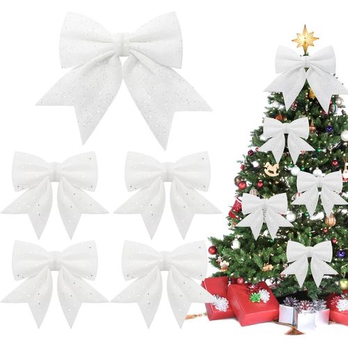 5PCS Noeud de Ruban de Noël 24cm Grande Taille Arcs de Noël Ruban Noeuds Papillons Ornements Decoration de Noël pour Arbres de Noël Emballages Cadeaux Sapin de Noël Guirlande Voiture Mariage (Blanc)
