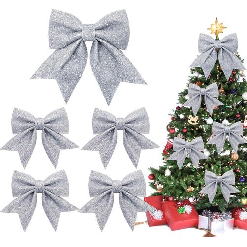 5PCS Noeud de Ruban de Noël 24cm Grande Taille Arcs de Noël Ruban Noeuds Papillons Ornements Decoration de Noël pour Arbres de Noël Emballages Cadeaux Sapin de Noël Guirlande Voiture Mariage (Argenté)