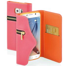 Etui Folio Fonex série Lady Zip pour Samsung Galaxy S6 Edge SM-G925 rose et oran
