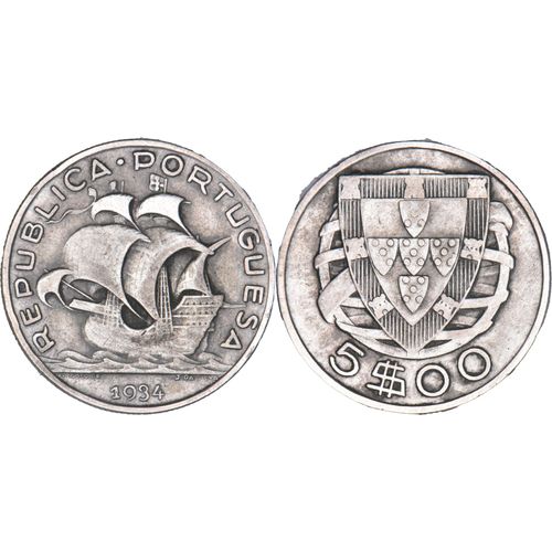 Portugal - 1934 - 5 Escudos - 650 Argent - Caravelle - H203
