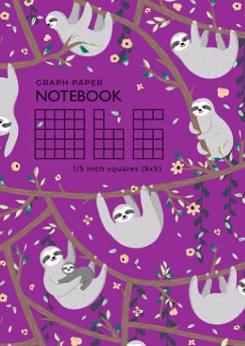 Graph Paper Notebook 1/5 Inch Squares: B6 Small Composition Book Quad Ruled For Math / Science | 5 Grids Per Inch - 5x5 | Sloths Hanging On The Tree Design Purple