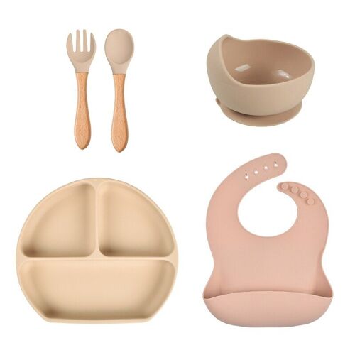 Bavoirs En Silicone Pour Bébé, Assiette À Dîner Divisée Bol À Ventouse Cuillère Fourchette Vaisselle De Table 5 Pièces