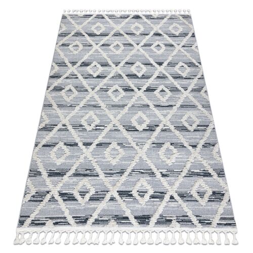 120x170 Cm Tapis Sevilla Z555a Treillis, Diamants Gris / Blanc Franges Berbère Marocain Shaggy
