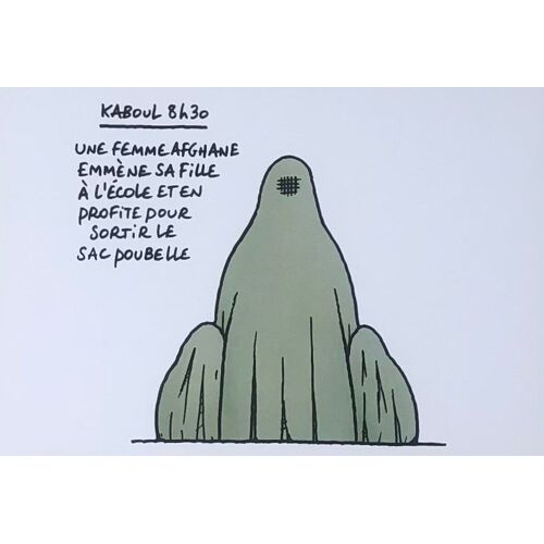 Carte Le Chat, Geluck, Kaboul 8h30 Une Femme Afghane Emmène Sa Fille À L'ecole Et En Profite Pour Sortir Le Sac Poubelle, Bd, Bande Dessinée, Figurine