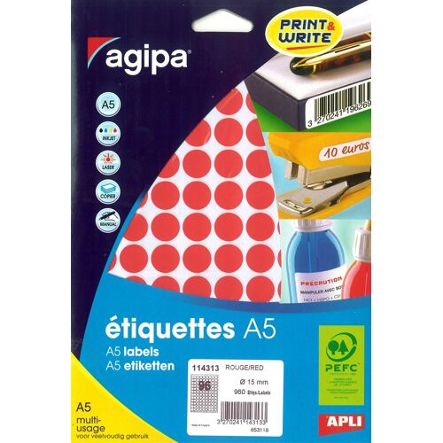 Apli-Agipa Lot De 5 Etuis A5 ( 10f ) De 960 Pastilles Gommettes Rondes 15 Mm Rouge
