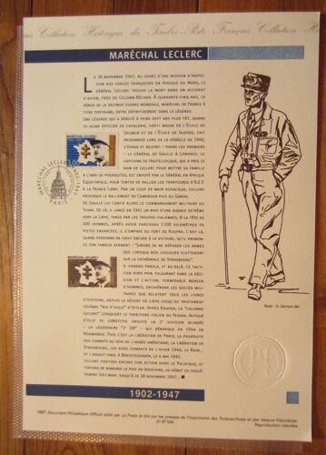 Timbre Poste France 1997 Yvert Et Tellier N°3126 Maréchal Leclerc Oblitéré Premier Jour 28.11.1997 Collection Historique Du Timbre-Poste Français Document Philatélique Officiel Sous Chemise Plastique