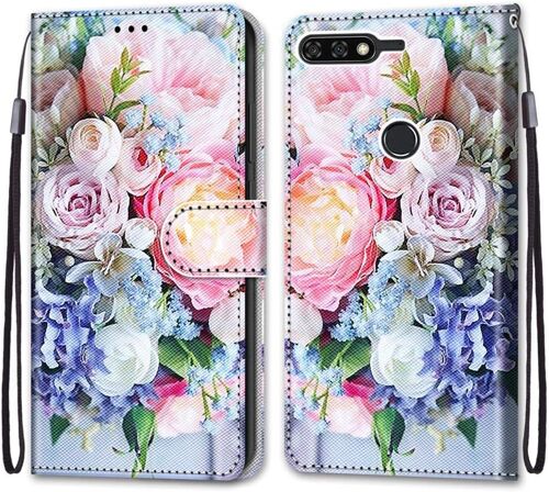 Coque Pour Huawei Y7 2018 / Nova 2 Lite/Honor 7c, Etui En Cuir Pu Portefeuille Housse Coque Avec 360 Degres Silicone Protection Cover Cuir Pochette Magnetique Flip Bequille (Fleur 3)