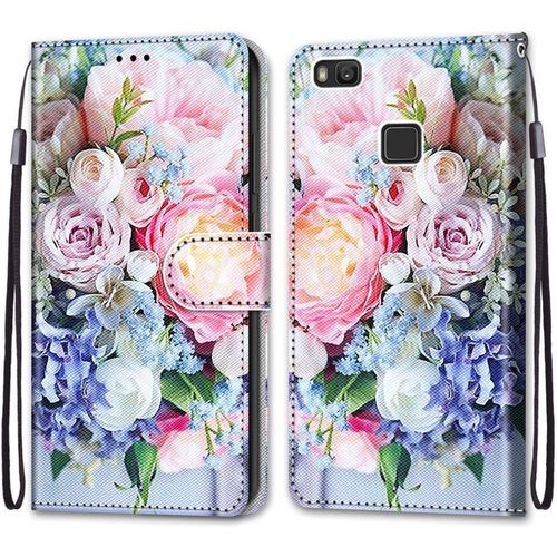 Coque Pour Huawei P9 Lite, Etui En Cuir Pu Portefeuille Housse Coque Avec 360 Degres Silicone Antichoc Protection Cover Cuir Pochette Magnetique Und Flip Bequille (Fleur 3)