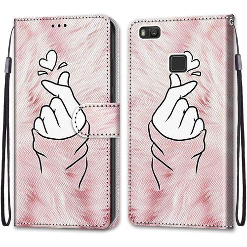 Coque Pour Huawei P9 Lite, Etui En Cuir Pu Portefeuille Housse Coque Avec 360 Degres Silicone Antichoc Protection Cover Cuir Pochette Magnetique Und Flip Bequille (Doigt Coeur)