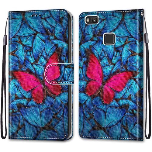 Coque Pour Huawei P9 Lite, Etui En Cuir Pu Portefeuille Housse Coque Avec 360 Degres Silicone Antichoc Protection Cover Cuir Pochette Magnetique Und Flip Bequille (Papillon)