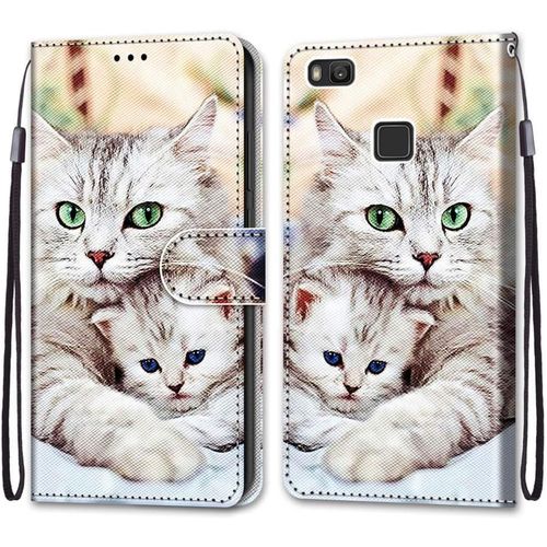 Coque Pour Huawei P9 Lite, Etui En Cuir Pu Portefeuille Housse Coque Avec 360 Degres Silicone Antichoc Protection Cover Cuir Pochette Magnetique Und Flip Bequille (Chats 2)