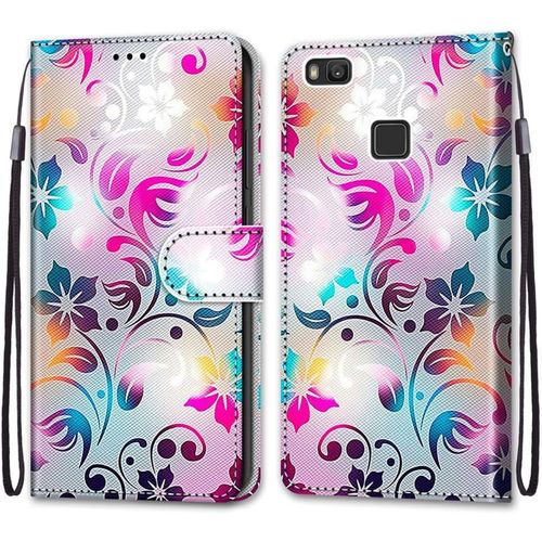 Coque Pour Huawei P9 Lite, Etui En Cuir Pu Portefeuille Housse Coque Avec 360 Degres Silicone Antichoc Protection Cover Cuir Pochette Magnetique Und Flip Bequille (Fleur 1)