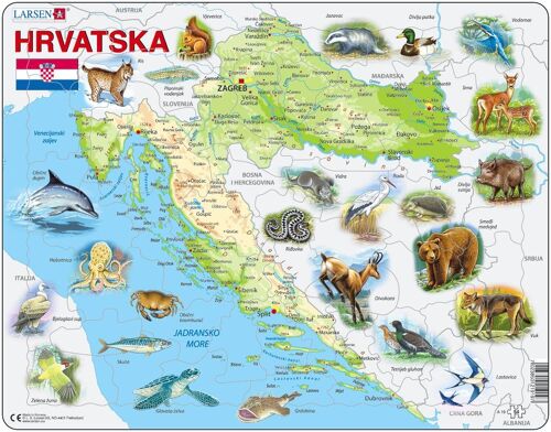 Puzzle 54 Pièces Puzzle Cadre - Carte De La Croatie Et De Ses Animaux (En Croate)