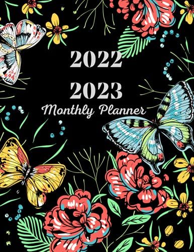 2022-2023 Monthly Planner: Planner Calendar Schedule Organizer January 2022 To December 2023 -24 Months With Holidays And Notes -Butterflies And Flowers Black Cover