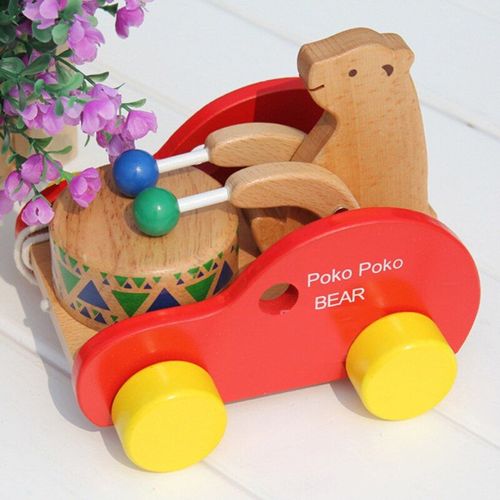 Chariot De Traction Ours En Bois, Instrument De Musique, Tambour À Frapper, Jouet Éducatif Pour Enfants D'âge Préscolaire