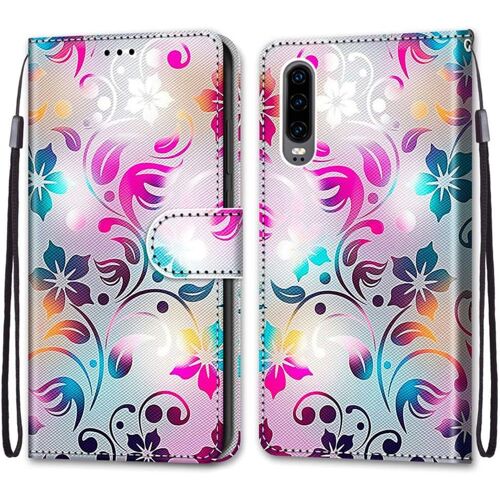 Coque Pour Huawei P30, Etui En Cuir Pu Portefeuille Housse Coque Avec 360 Degres Silicone Antichoc Protection Cover Cuir Pochette Magnetique Und Flip Bequille (Fleur 1)