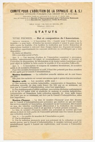 Statuts Du Comité Pour L'abolition De La Syphilis