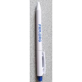 Stylo À Bille Ordinaire En Plastique Blanc Avec Poussoir Bleu (Rétractable Par Le Capuchon) Et Inscription Frm.Org En Lettres Bleues - Écriture Noire
