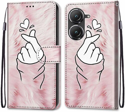 Coque Pour Asus Zenfone 9 / 9z, Etui En Cuir Pu Portefeuille Housse Coque Avec 360 Degres Silicone Antichoc Protection Cover Cuir Pochette Magnetique Und Flip Bequille (Doigt Coeur)