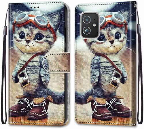 Coque Pour Asus Zenfone 8 / Zs590ks / 8z, Etui En Cuir Pu Portefeuille Housse Coque Avec 360 Degres Silicone Protection Cover Cuir Pochette Magnetique Und Flip Bequille (Chat 1)