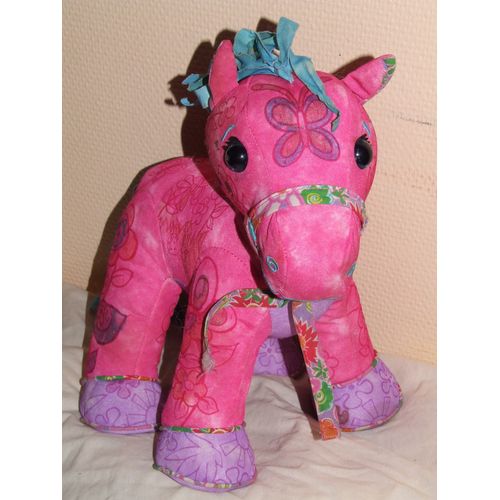Cheval Poney Doodle Pony Doudou Rose Mauve Bleu Papillon Fleurs Peluche De 40 Cm