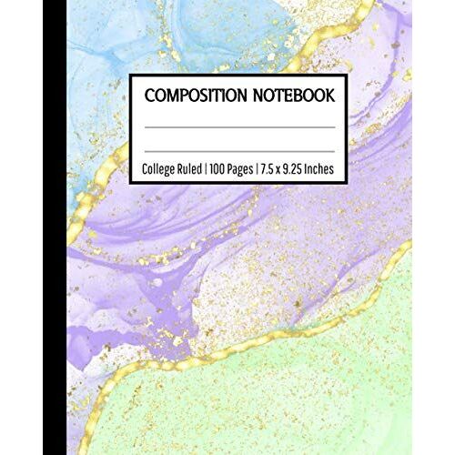 College Ruled Composition Notebook: Lined Journal Notebook | 7.5 X 9.25 Inches 100 Pages | Pretty Pastel Blue, Purple, Green And Gold Abstract Marble Design Cover