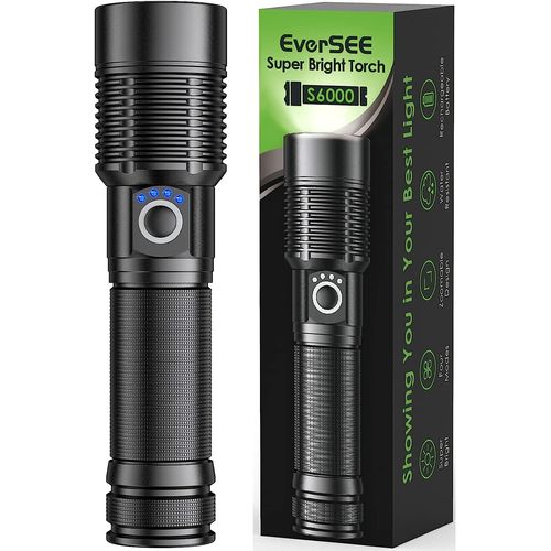 Lampe Torche Led Ultra Puissante Lampe De Poche Rechargeable 3000 Lumens S6000 Lampe Tactique Lampe Torche Led Rechargeable Usb 5 Modes Torche Lampe De Poche Intensité Ajustable Zoomable Étanche